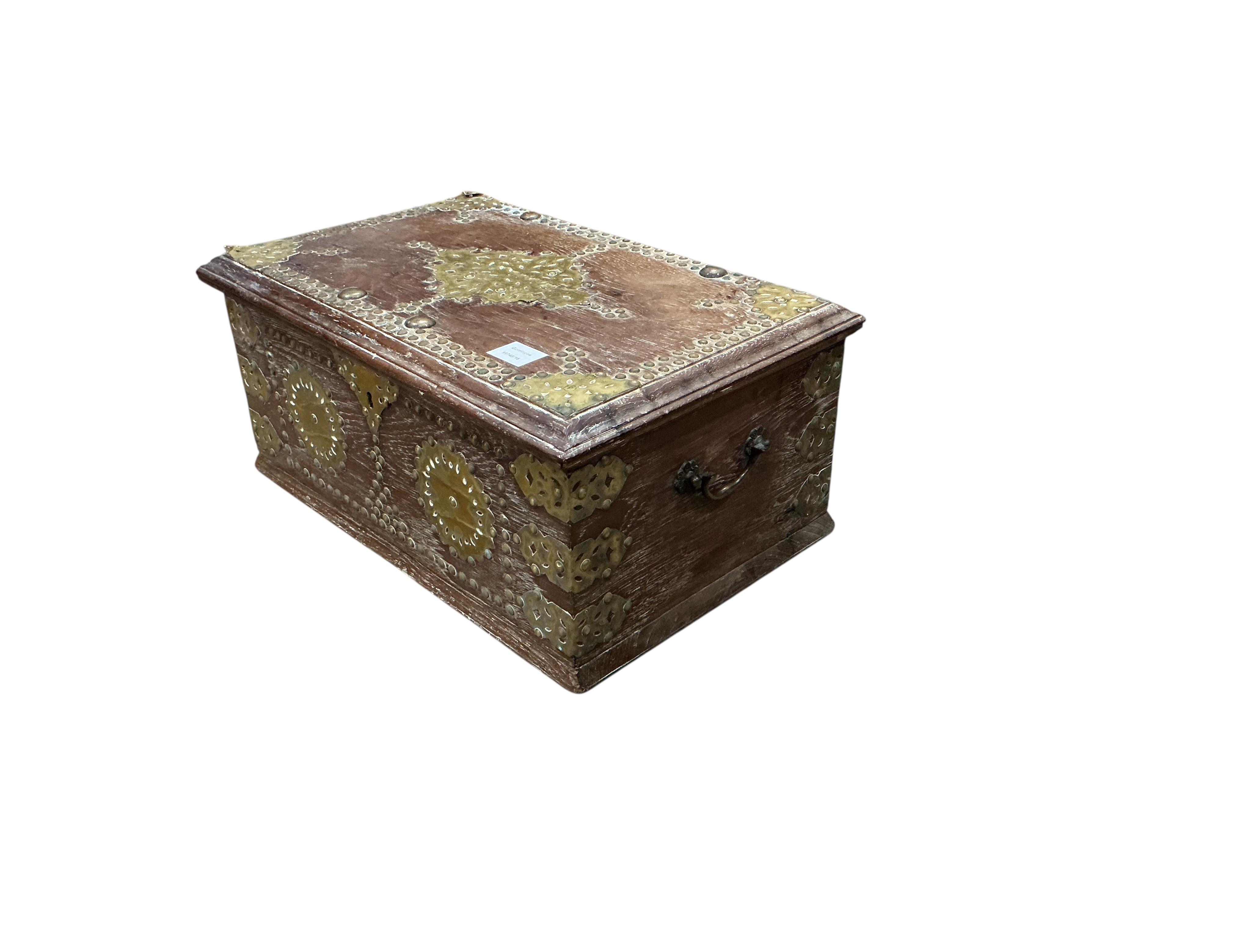 A Zanzibar type hardwood and brass studded box, width 57cm, depth 36cm, height 25cm